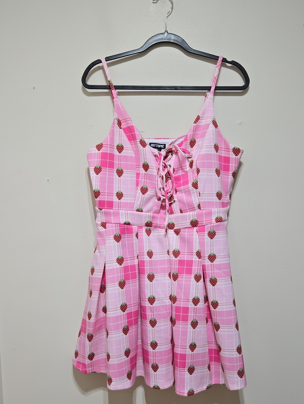 Hot Topic Pink Strawberry Plaid Lace-Up Dress
